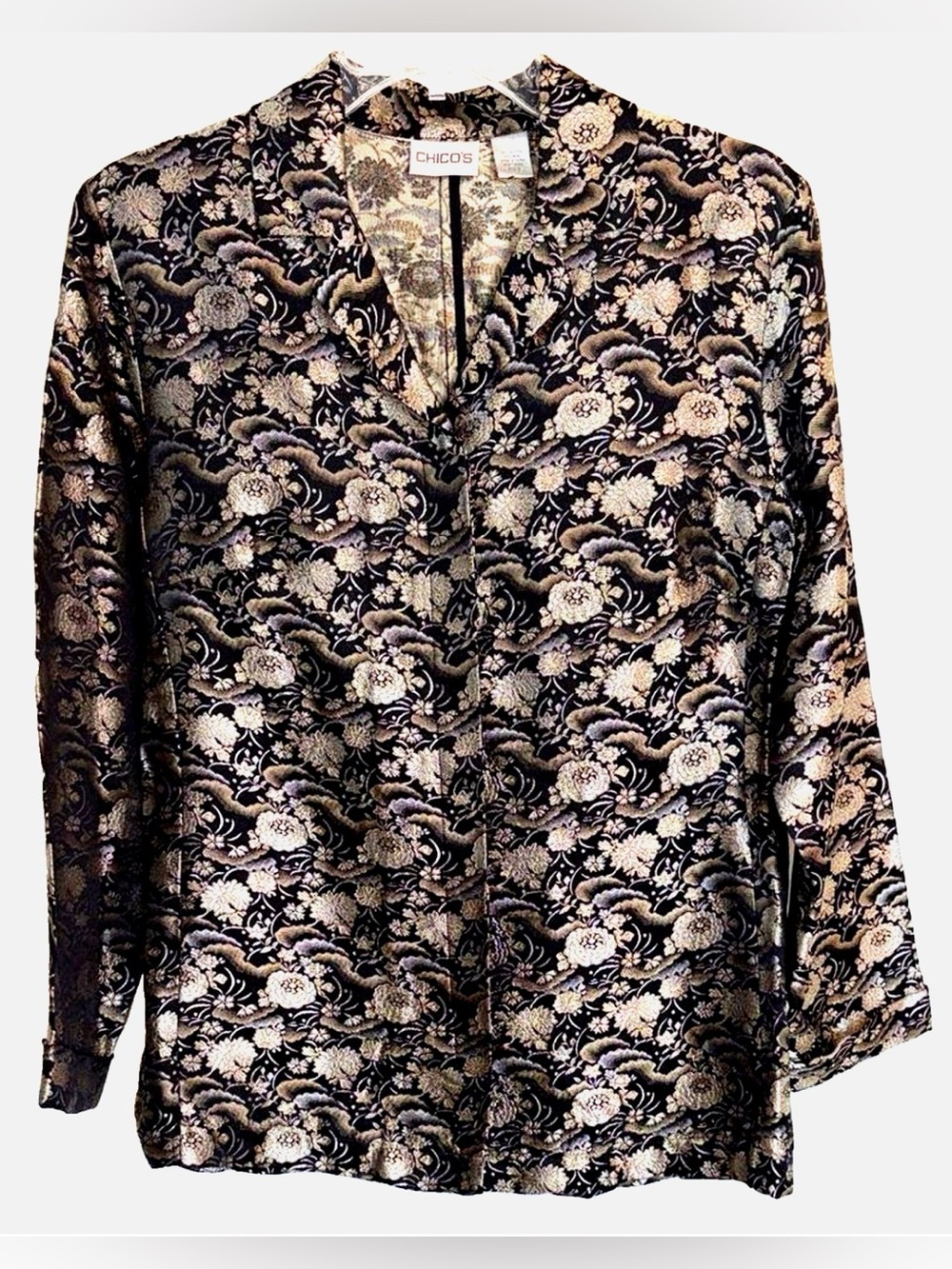Chico’s Silk Blend Jacquard Blouse Size 0 S Black Gold Metallic Brocade Holiday